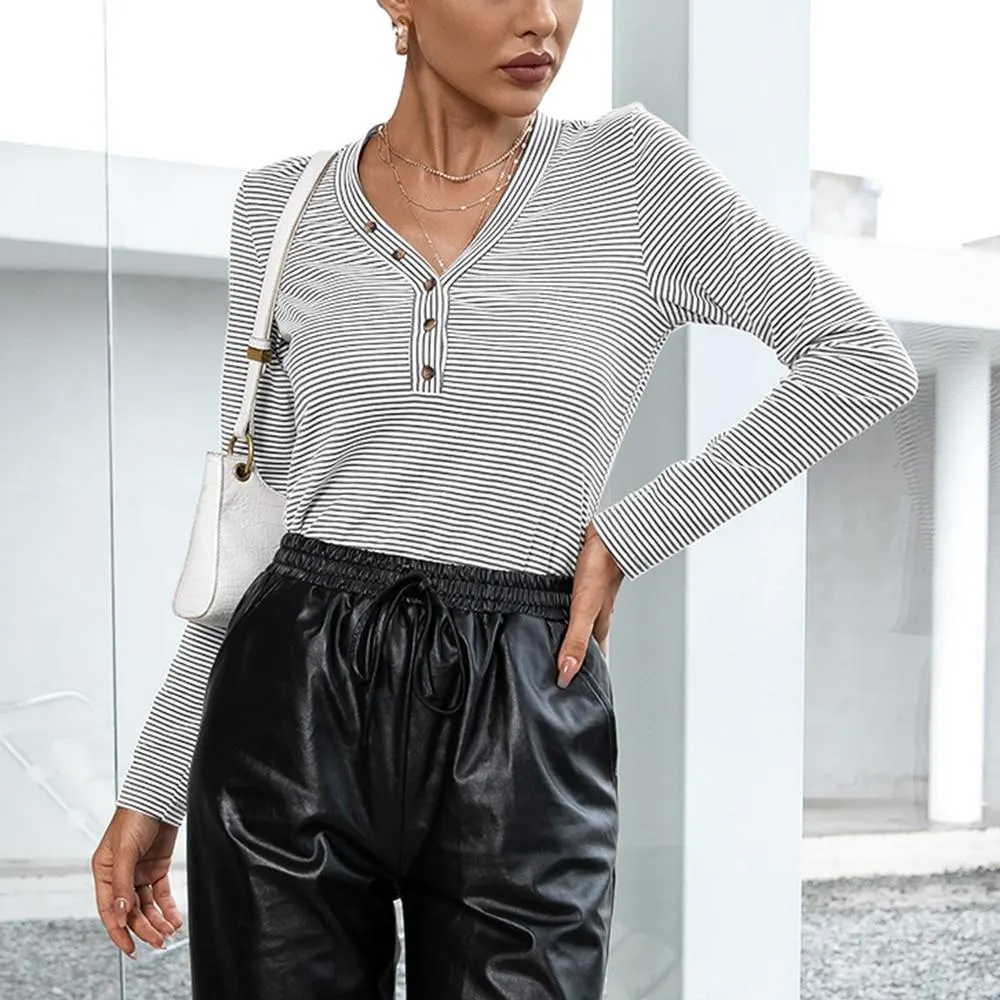 Women Casual Blue and White Striped T-shirt Long Sleeve Sexy V neck Buttons Loose Office Lady Pullover Tops 2021 Autumn Tees