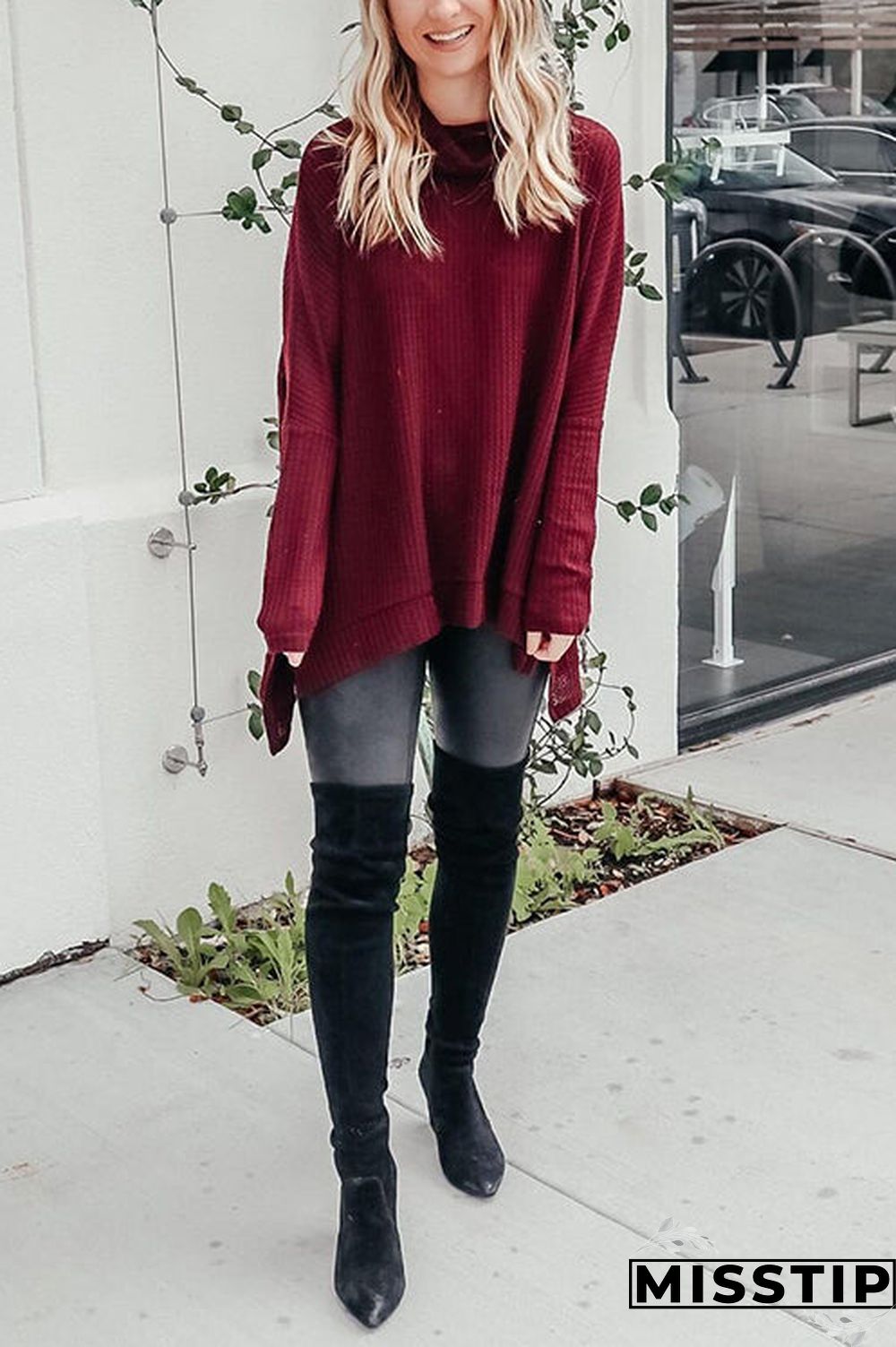 Cowl Neck Slit Sweater