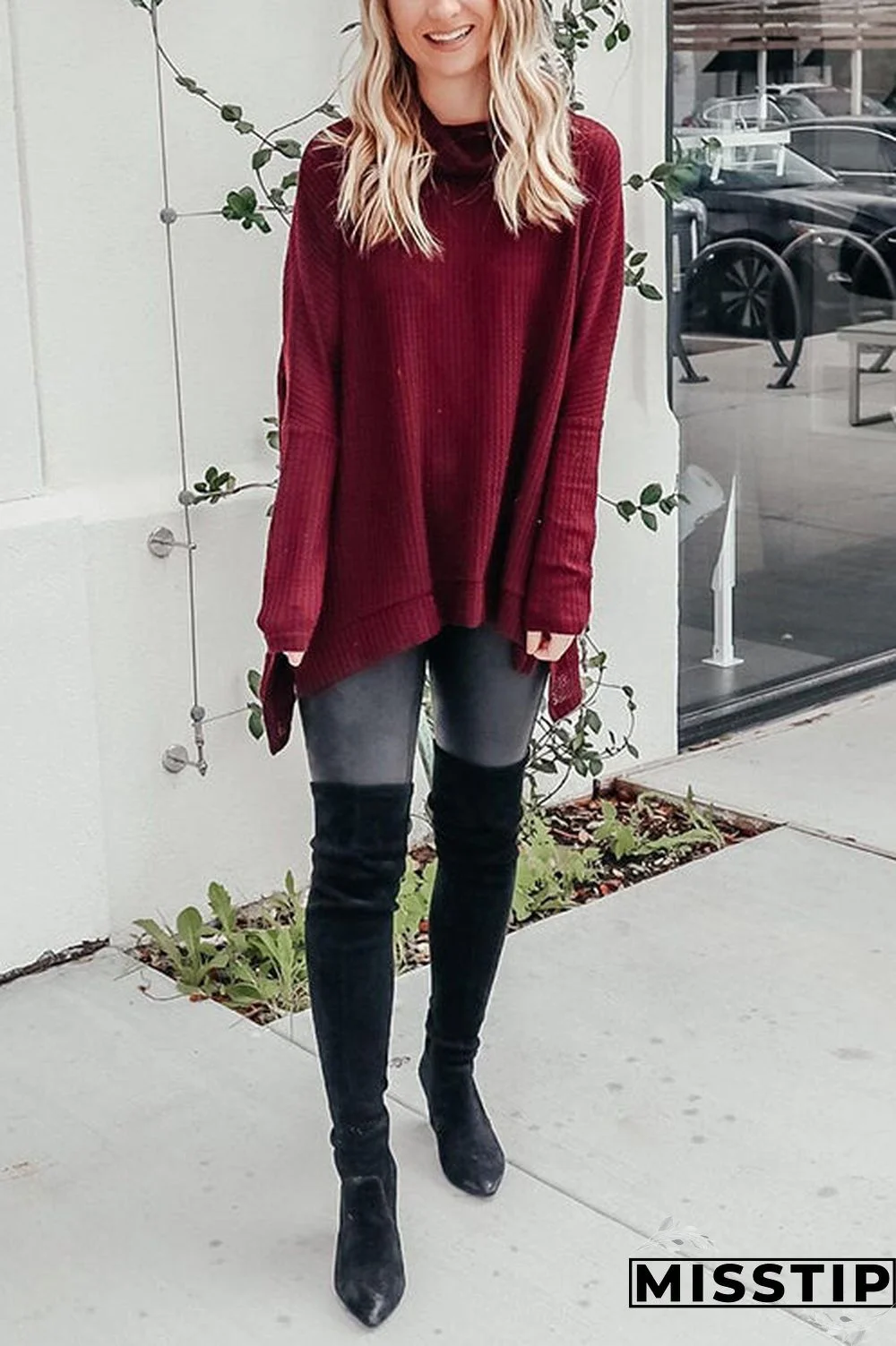 Cowl Neck Slit Sweater