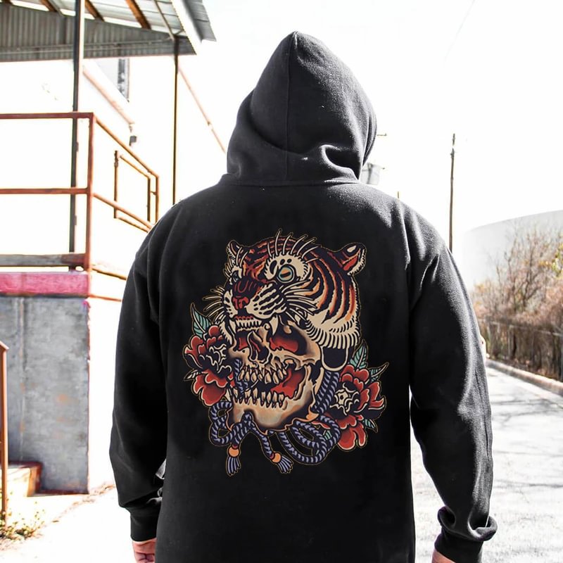 UPRANDY Men's Fierce Tiger And Skull Printed Hoodie -  UPRANDY