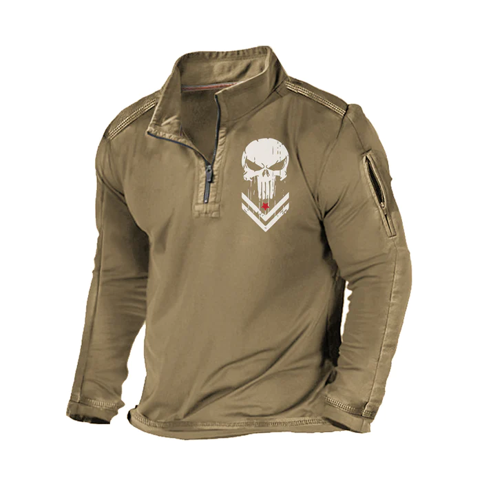 USA SKULL ZIPPER POCKET STAND COLLAR SWEATSHIRT