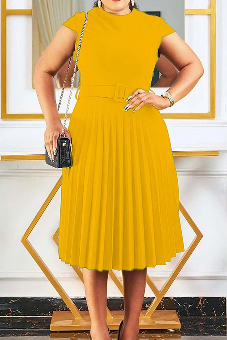 Yellow Fashion Casual Solid Split Joint Basic O Neck Pleated Dresses