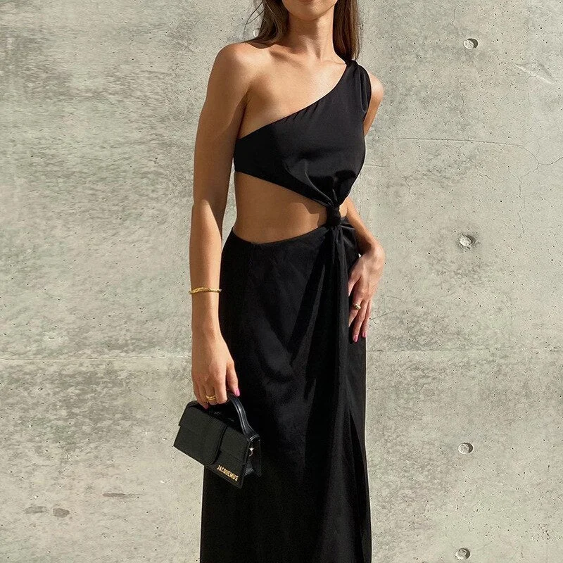 2022 Fashion Black Hollow Out Maxi Dress for Summer Holiday Club Party Dresses 2022 New Women High Split Backless Sexy Dress