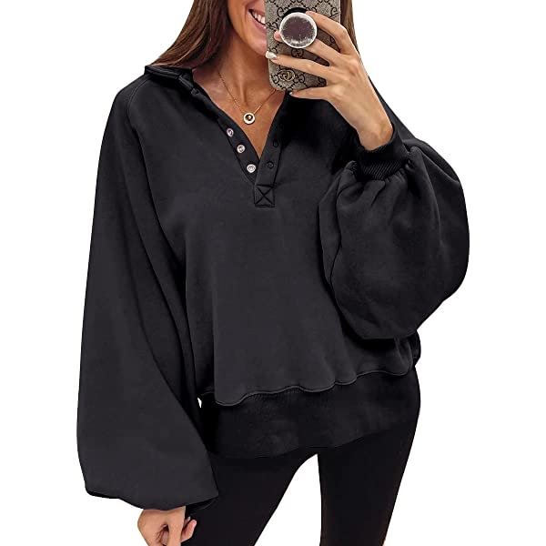 2022 Lantern Sleeve Drop Shoulder Pullover Hoodies Button Down Fashion Outfits