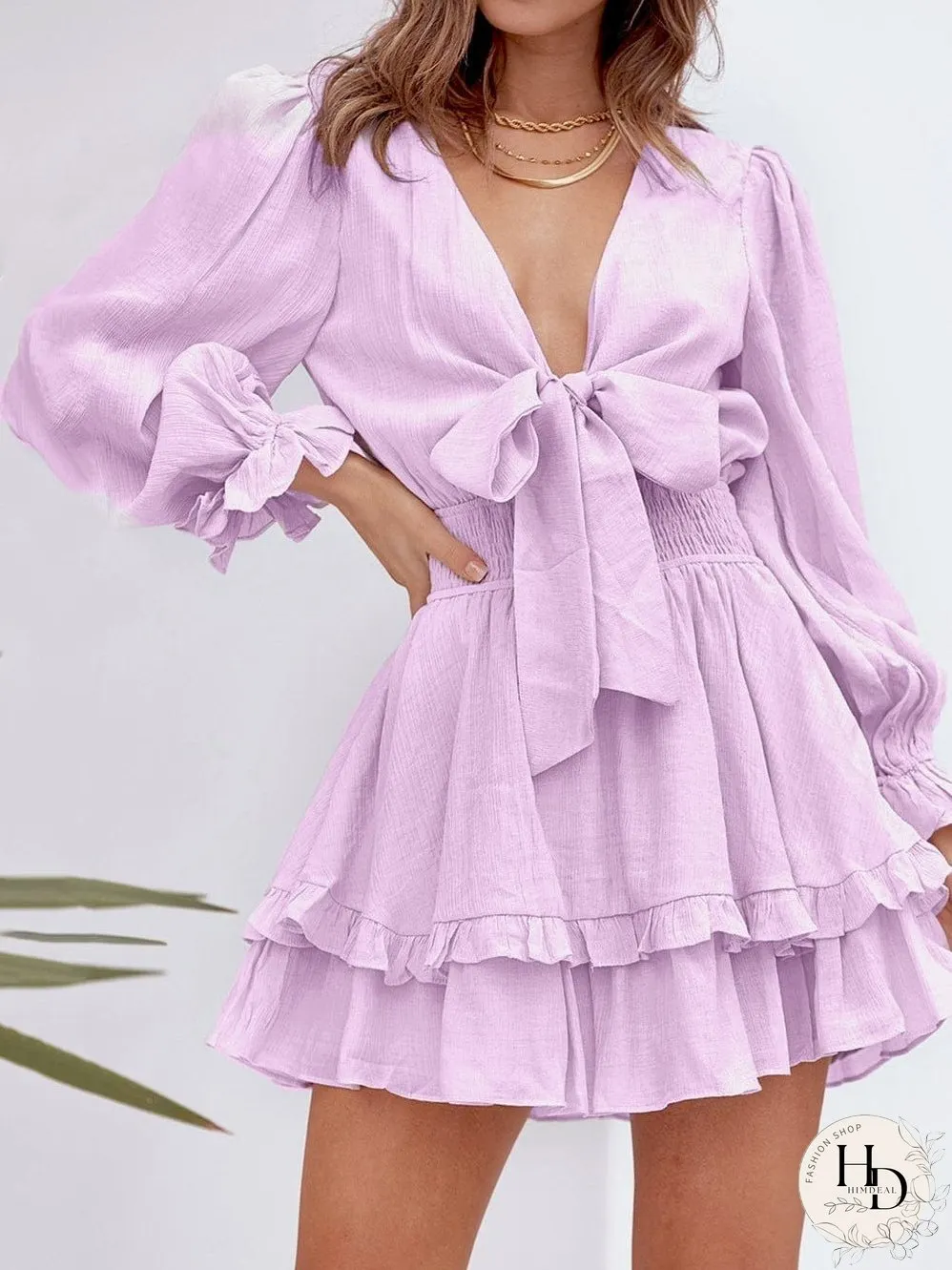 Lantern Sleeve Knotted Tiered Mini Dress with Deep V Neck