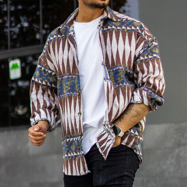 Men's Casual Colorblock Geometric Pattern Shirt Jacket