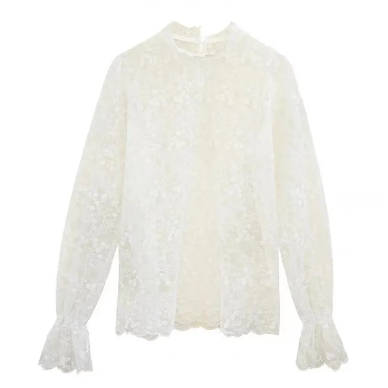Brownm Brownm Autumn Lace Tjersey Horn Sleeve Mesh With Lace Lace Collar Gas Hit Bottom Blouse Small Shirt Tide