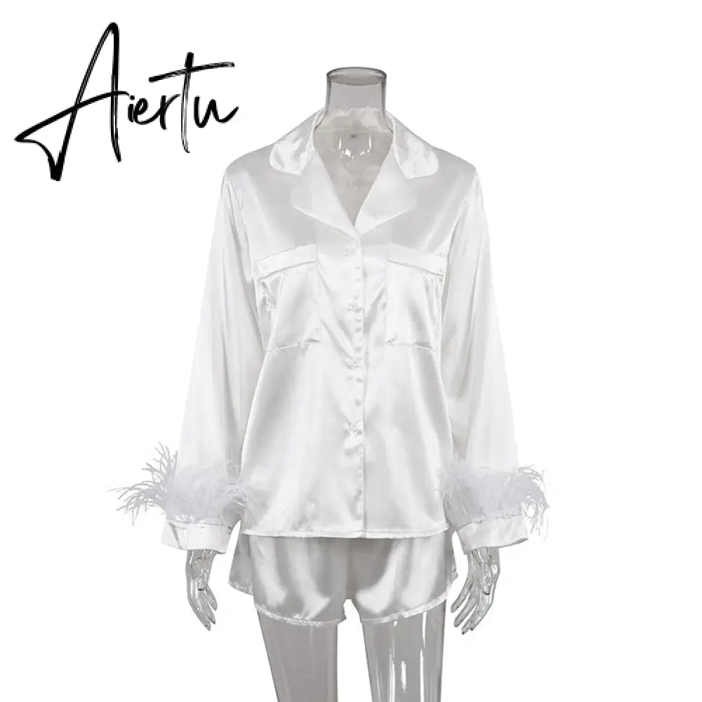 Pajamas For Women 2 Piece Set Feathers Long Sleeve Turn Down Collar Sleepwear Autumn Casual Night Suits With Shorts Satin Aiertu