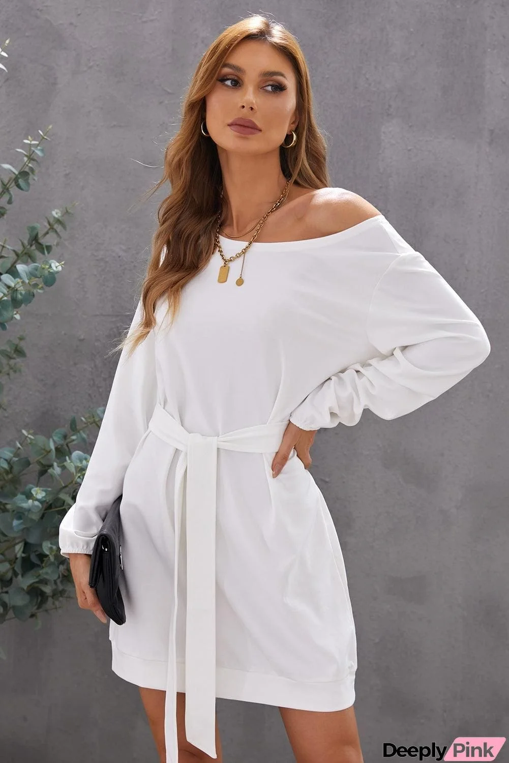 Boat Neck Belted Long Sleeve Dress