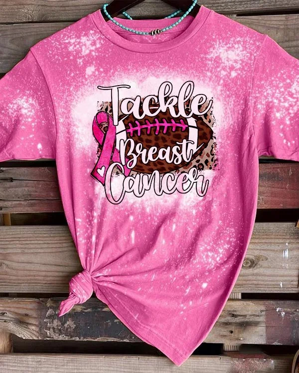 Breast Cancer Awareness Tackle Cancer Football Leopard Print T-Shirt