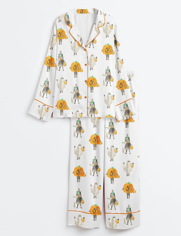 Men&rsquo;s Witchy Halloween Spooky Pumpkin Aesthetics Witchy Halloween Witch Print Long Sleeve Satin Pajama Set
