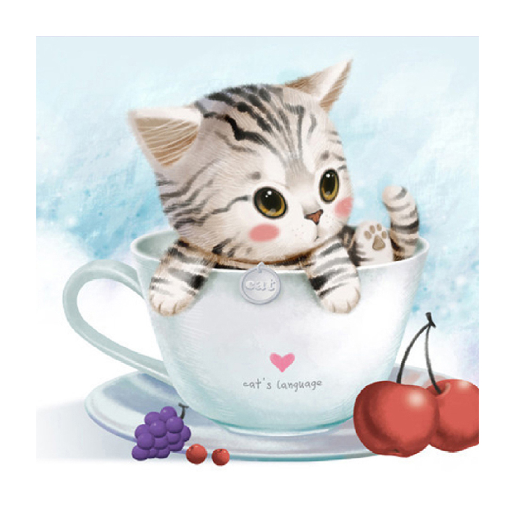 

30*30CM - Round Drill Diamond Painting - Cute Kitten in Cup, 501 Original