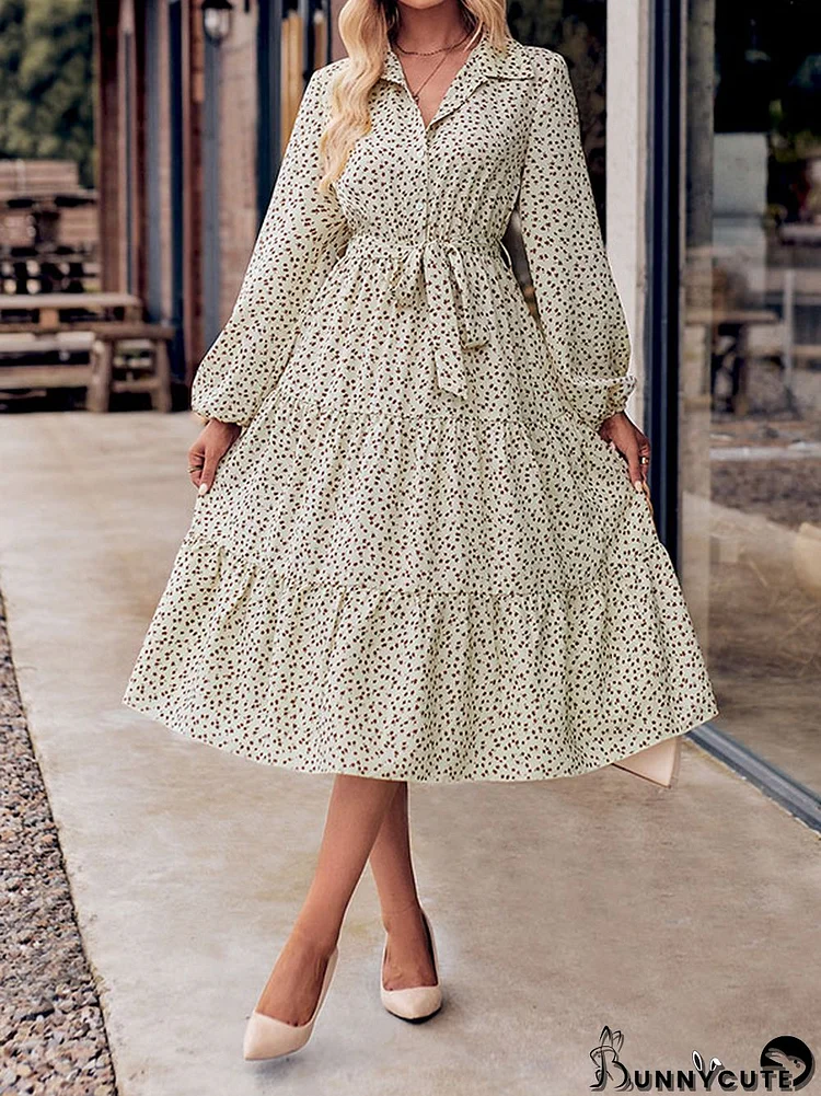 A-Line Long Sleeves Buttoned Flower Print Pleated Split-Joint Tied Waist Lapel Midi Dresses