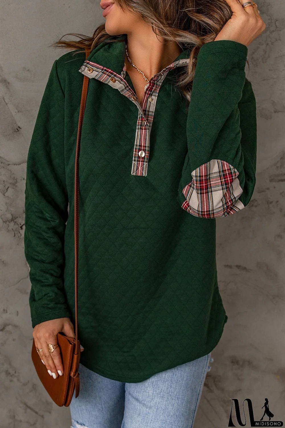 MidiSono - Geometric Texture Plaid Trim Sweatshirt