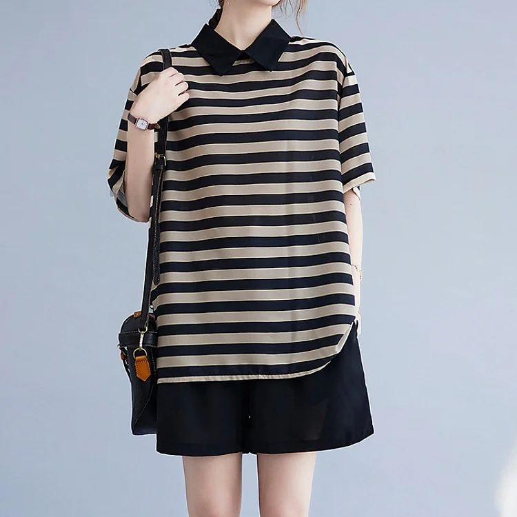 Literary Stripe Lapel Short Sleeve T-Shirt