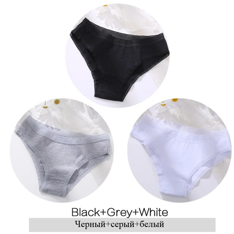 FINETOO Women Cotton Panties Sexy Lace Briefs 3Pcs/set Ladies Low Waist Underpants Comfortable Girls Underwear M-2XL Lingerie