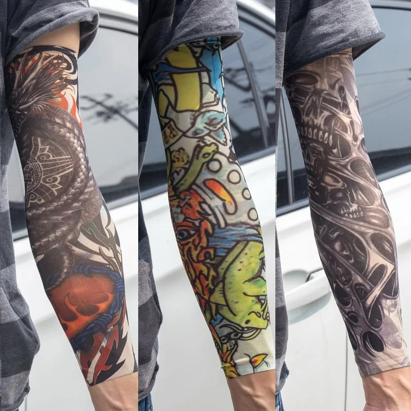 3PCS/lot new mixed 100%Nylon elastic Fake temporary tattoo sleeve skull wolf totem dragon designs body Arm stockings cool men