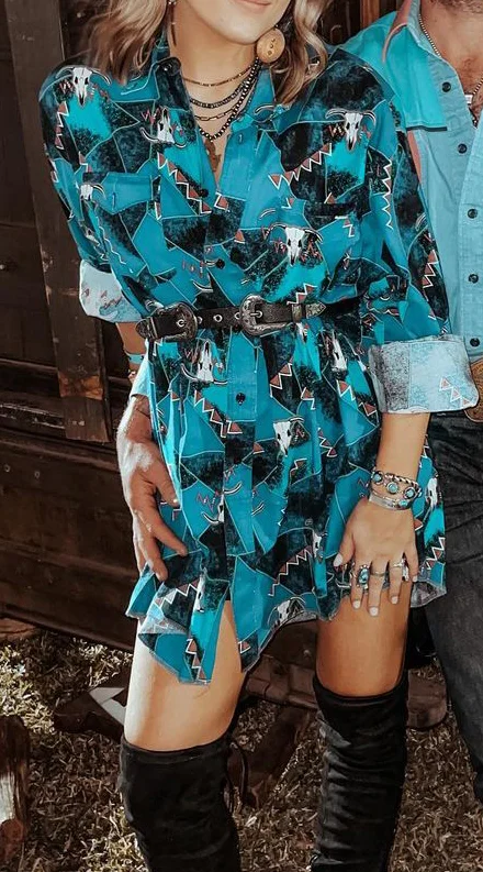 Printed Long Sleeve Western Dress