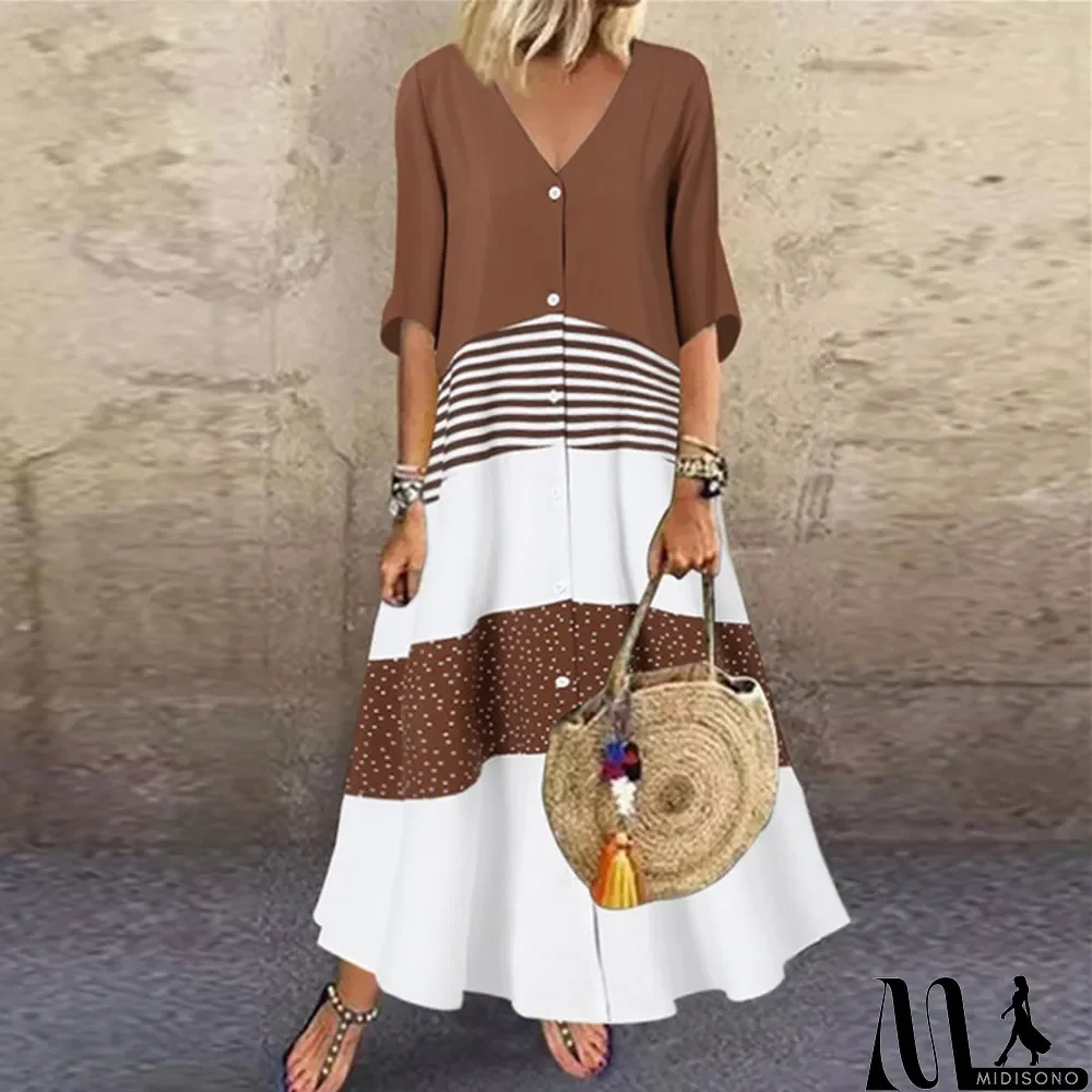 MidiSono - Summer V-Neck Short Sleeve Printed Long Dress Button Casual Dress