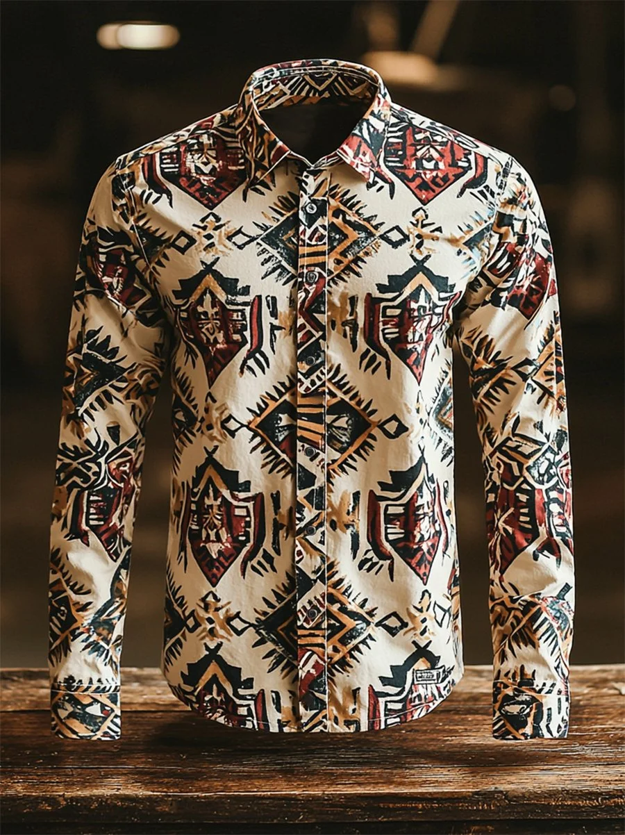 Men's Retro Casual Western Aztec Ethnic Print Long Sleeve Shirt 