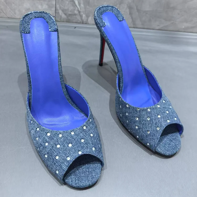 100mm Women's Red Bottom Sandals Colored Diamond Pointed Toe Mules Heels Slip on Stilettos VOCOSI VOCOSI