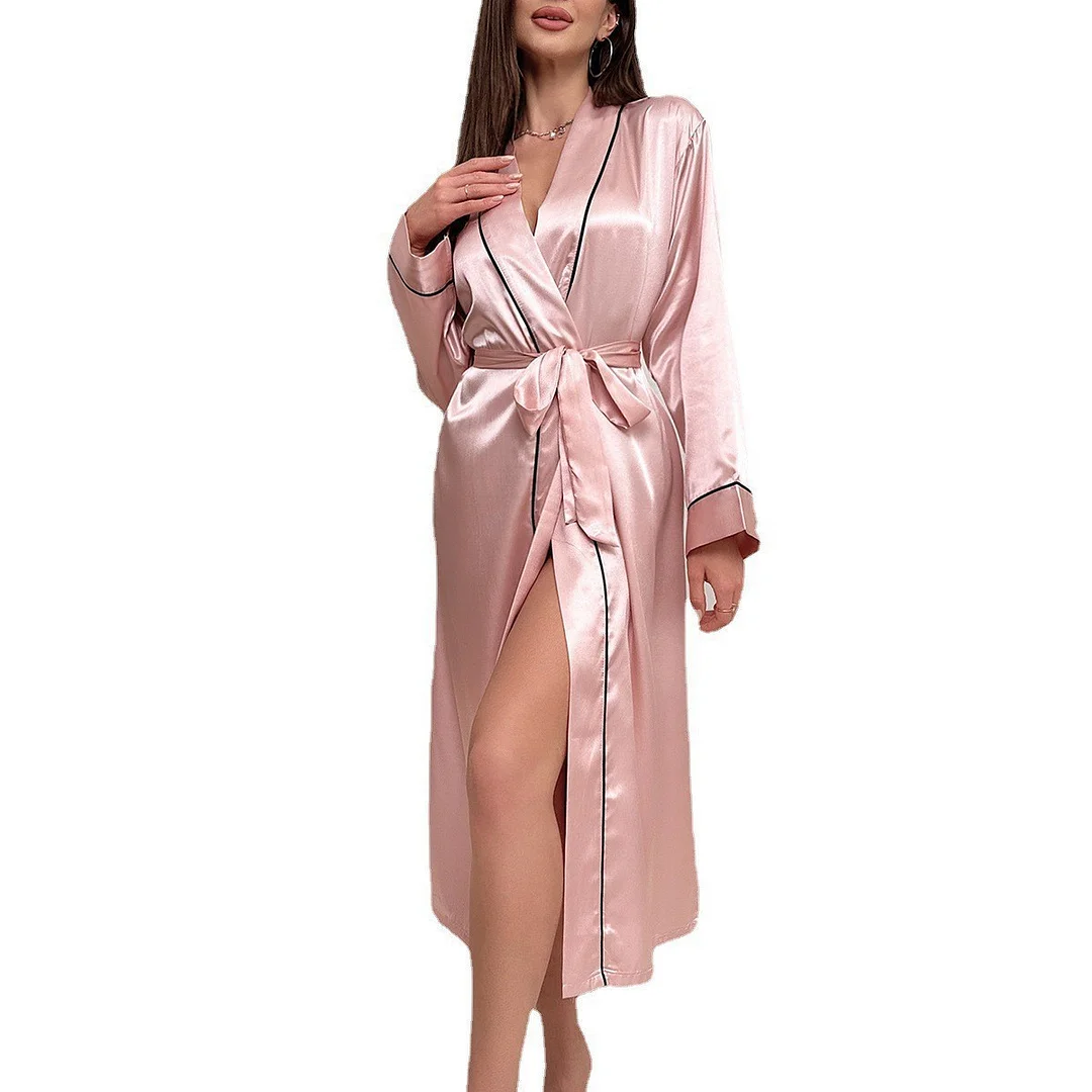 Churchf Long Ice Silk Nightg Robe Summer Thin Fashion Simple Home Clothes Lady Sexy Cardigan Bathrobe