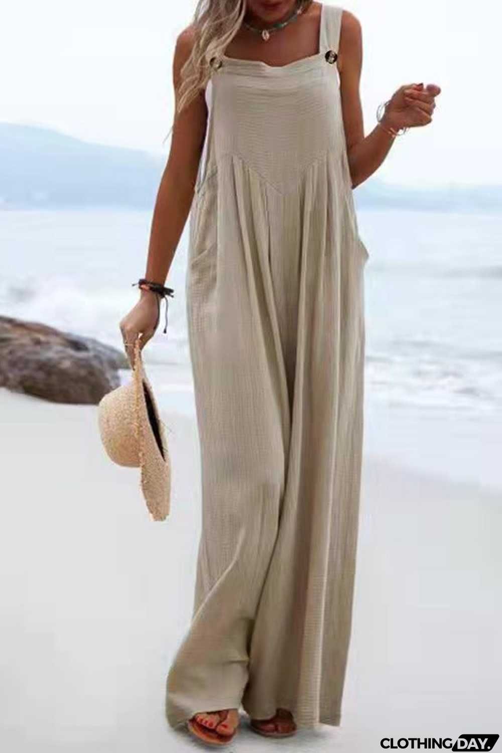 Solid Button Sling Wide-Leg Jumpsuit