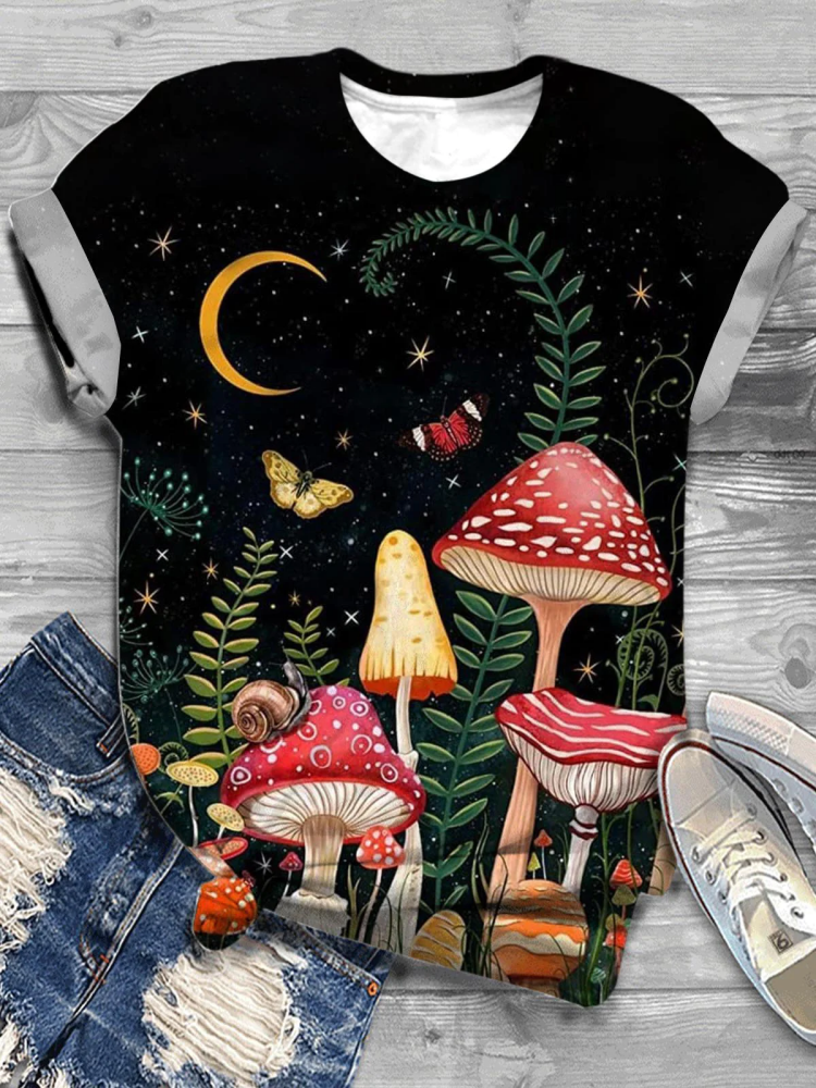 Comstylish Vintage Mushroom Painting Print Crew Neck T-Shirt