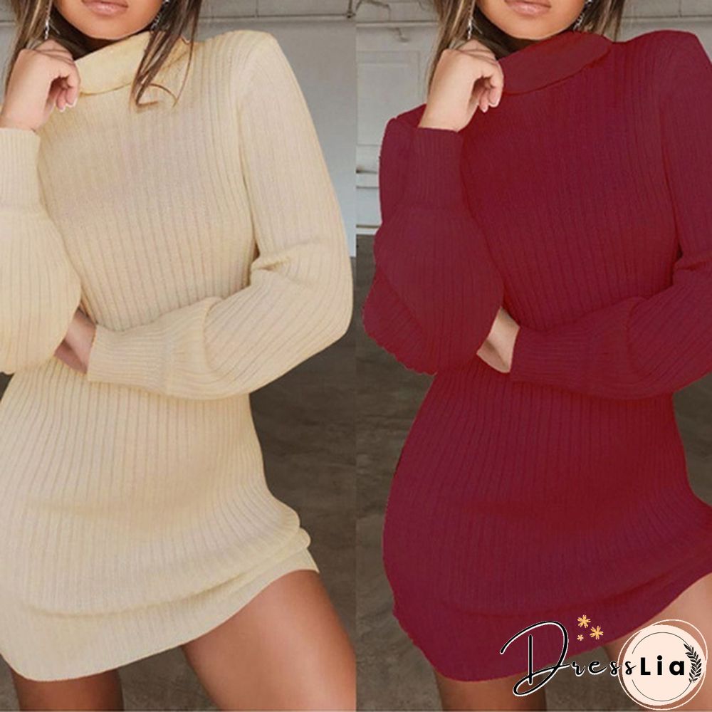 Women Autumn and Winter Long Sleeve Knitted Sweater Dress Ladies Fashion Keep Warm Knitting High Collar Slim Fit Bottoming Mini Knitting Dress