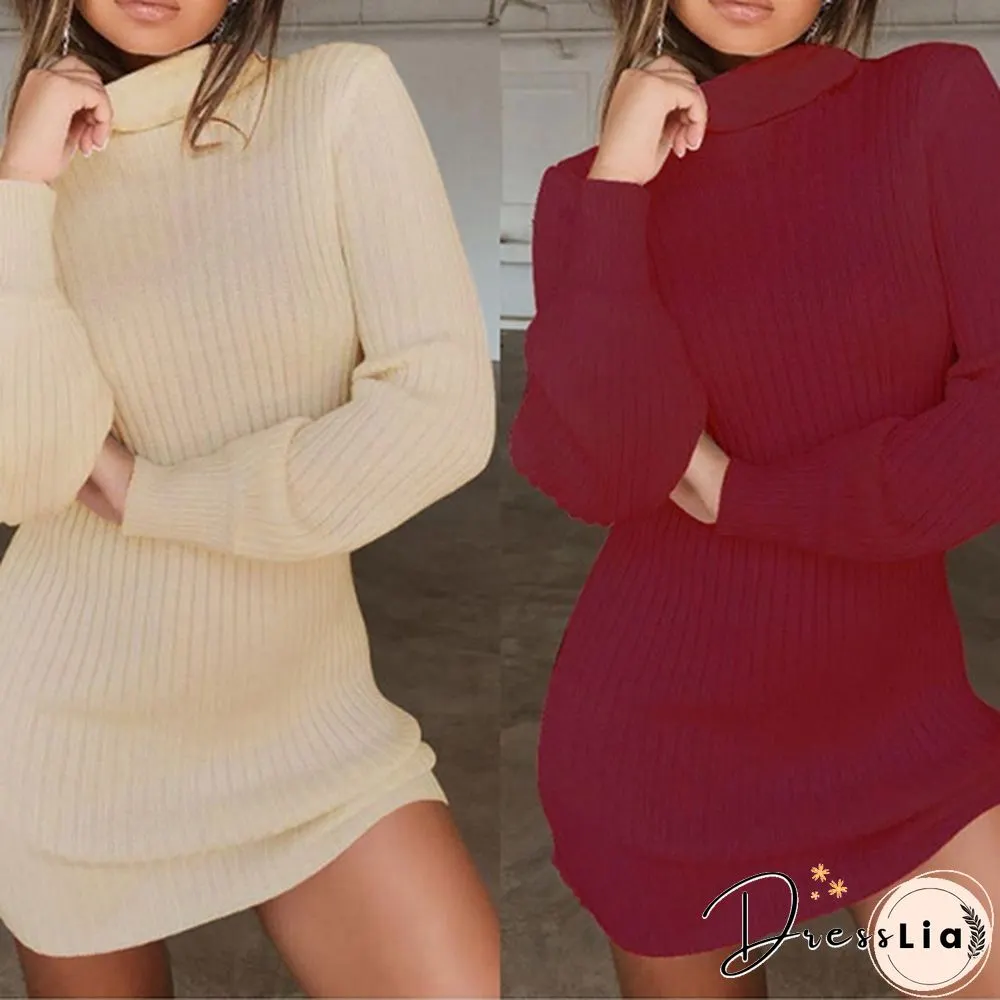 Women Autumn and Winter Long Sleeve Knitted Sweater Dress Ladies Fashion Keep Warm Knitting High Collar Slim Fit Bottoming Mini Knitting Dress