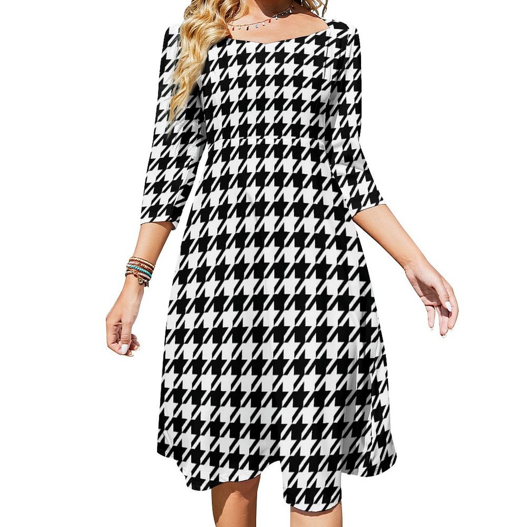 Black And White Houndstooth Jagged Checks Dress Sweetheart Tie Back Flared 3/4 Sleeve Midi Dresses