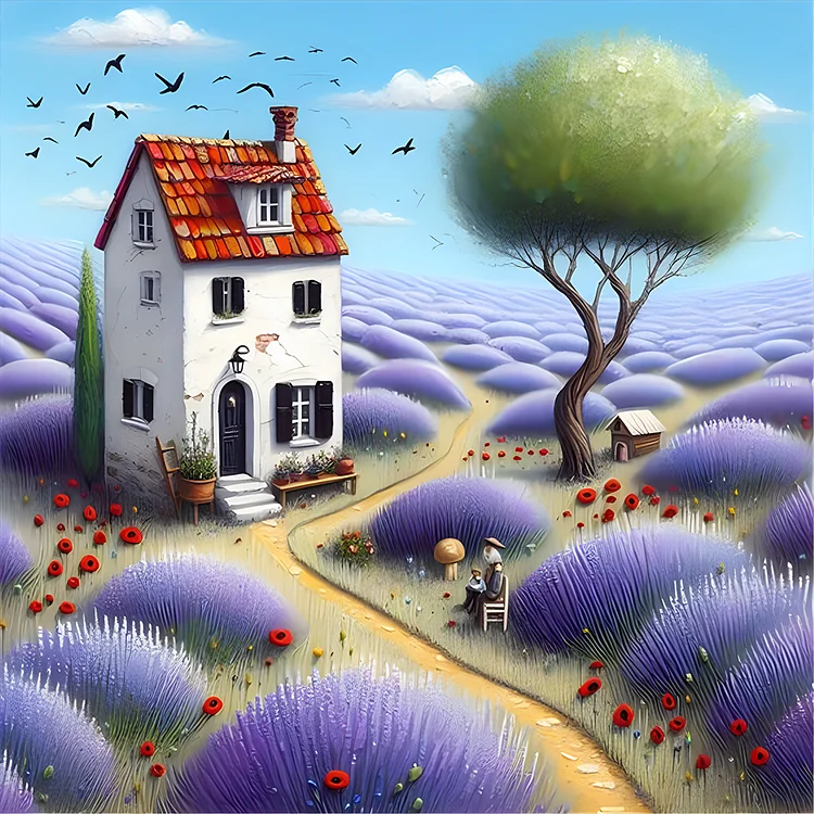 Purple Flower Field House 30*30CM (Canvas) Full Round Drill Diamond Painting gbfke