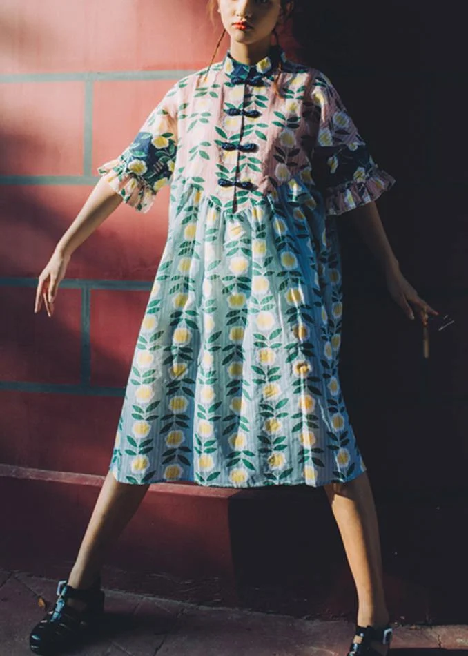 Vintage Pink Print Cute stand collar Summer Dress