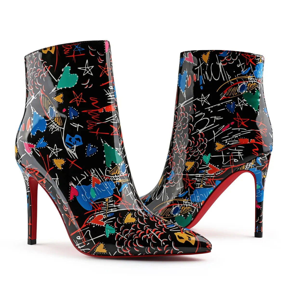 100/120mm Colorful Street Art Graffiti Red Bottom Ankle Boots Slim Stiletto Pointed Toe Heels-MERUMOTE