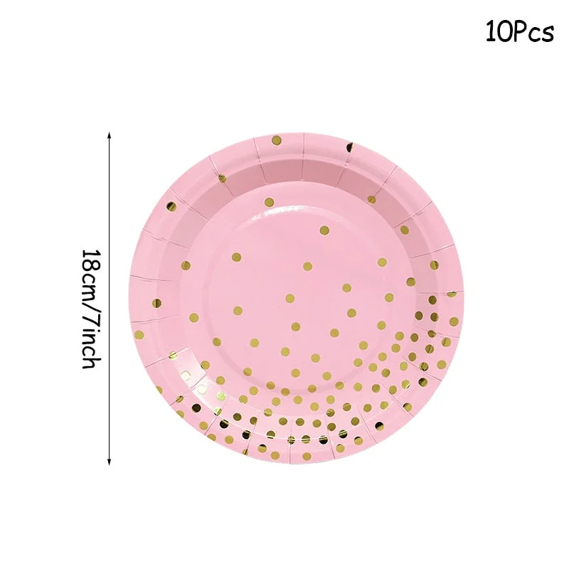 Gold Pink Disposable Tableware Set Paper Plates Cup Napkin Baby 1st Birthday Party Decor Baby Shower Girl Party Supplies Balloon