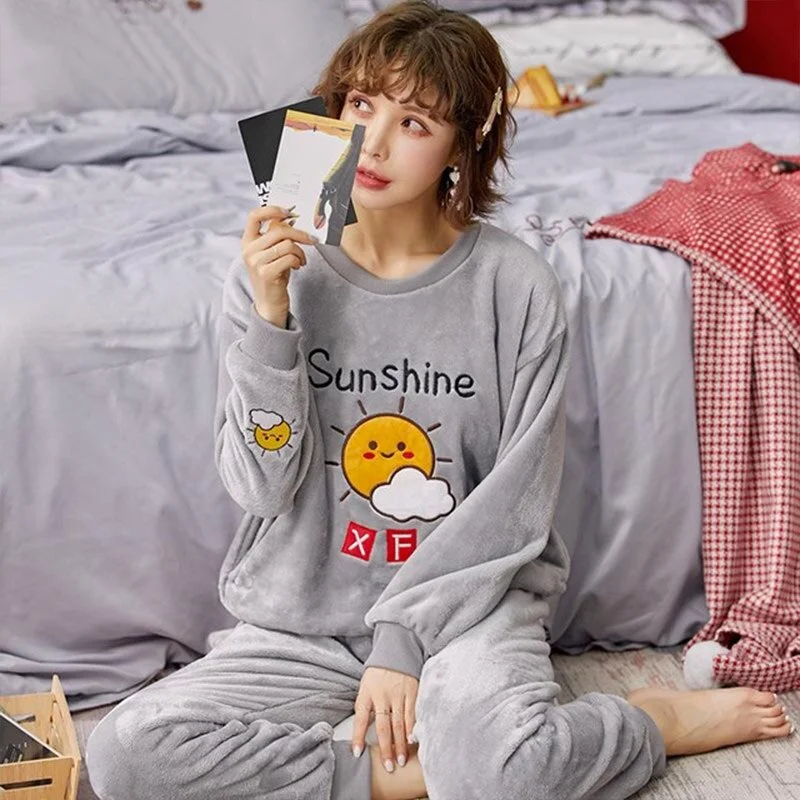 Pajamas Set Flannel Warm Homewear Women Winter Sleepwear  Plush Pyjamas Girls Cartoon Nightgown Pijamas Mujer Home Suits Pjs