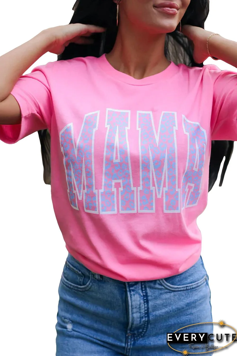 Pink MAMA Leopard Print O-neck Short Sleeve T Shirt