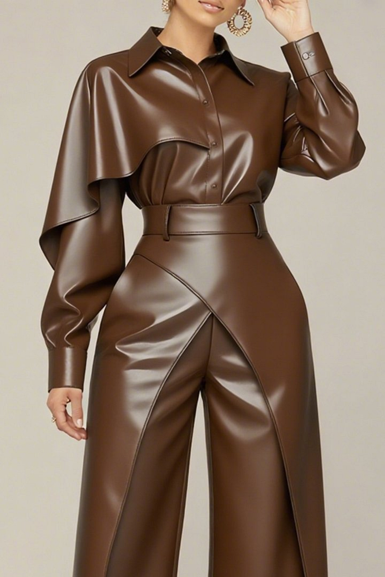 Plus Size Daily Brown Shirt Collar Long Sleeve Pocket Vintage PU Leather Two Piece Pant Sets [Pre-Order]