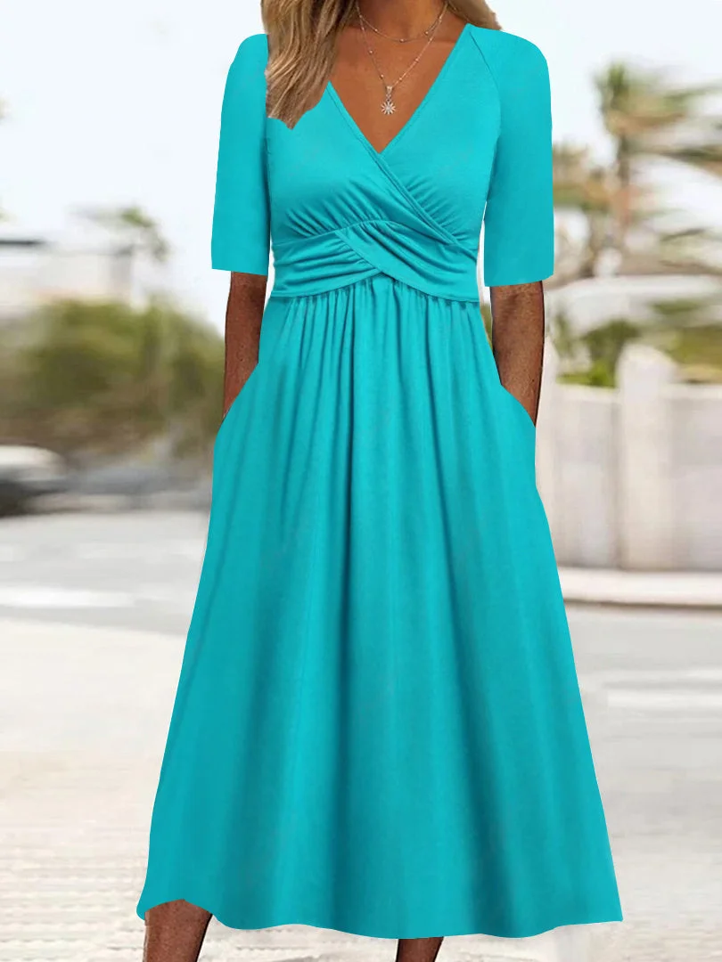 Women Half Sleeve V-neck Solid Color Dress