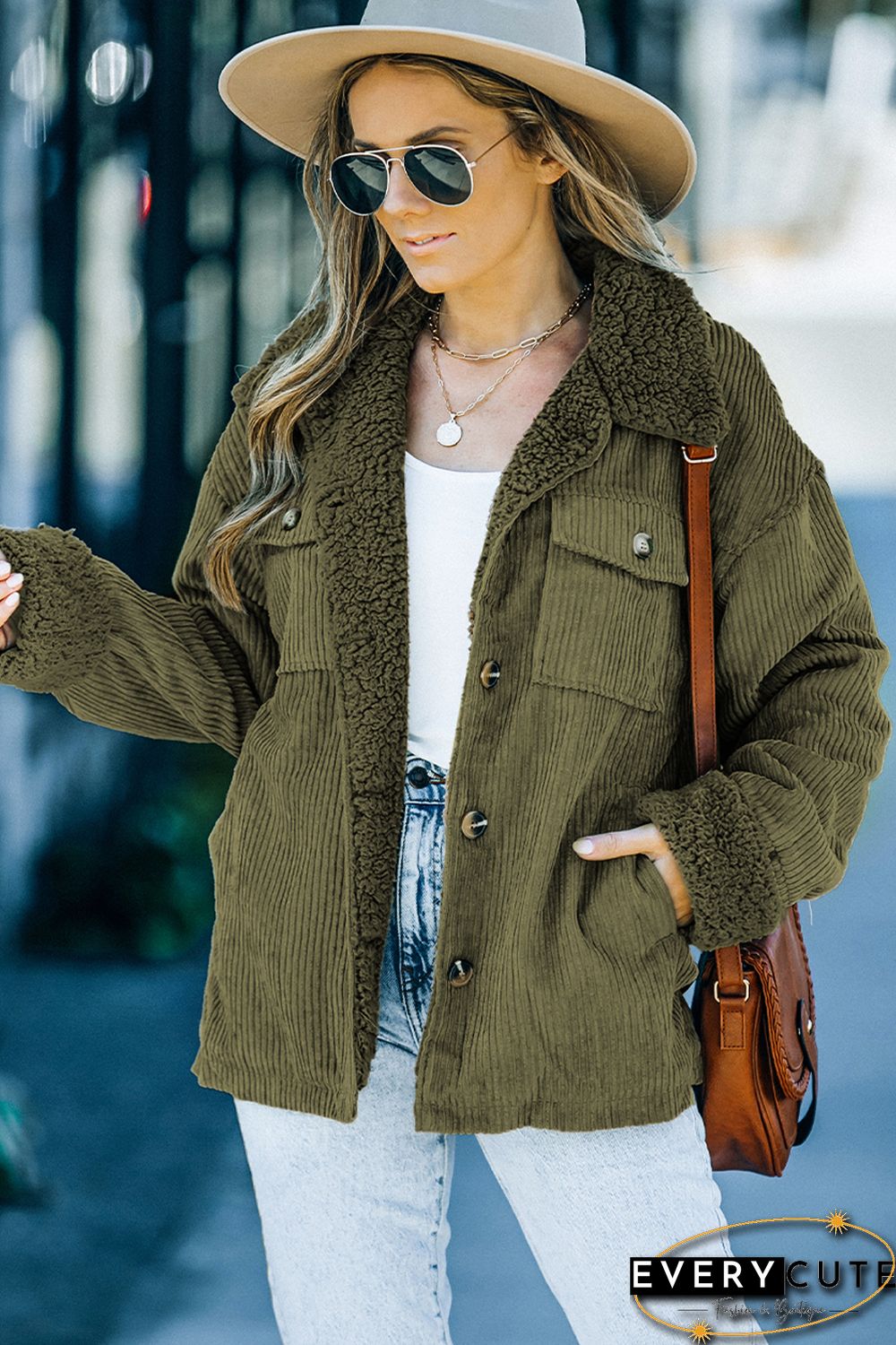 Green Corduroy Ribbed Shell Fleece Lining Jacket