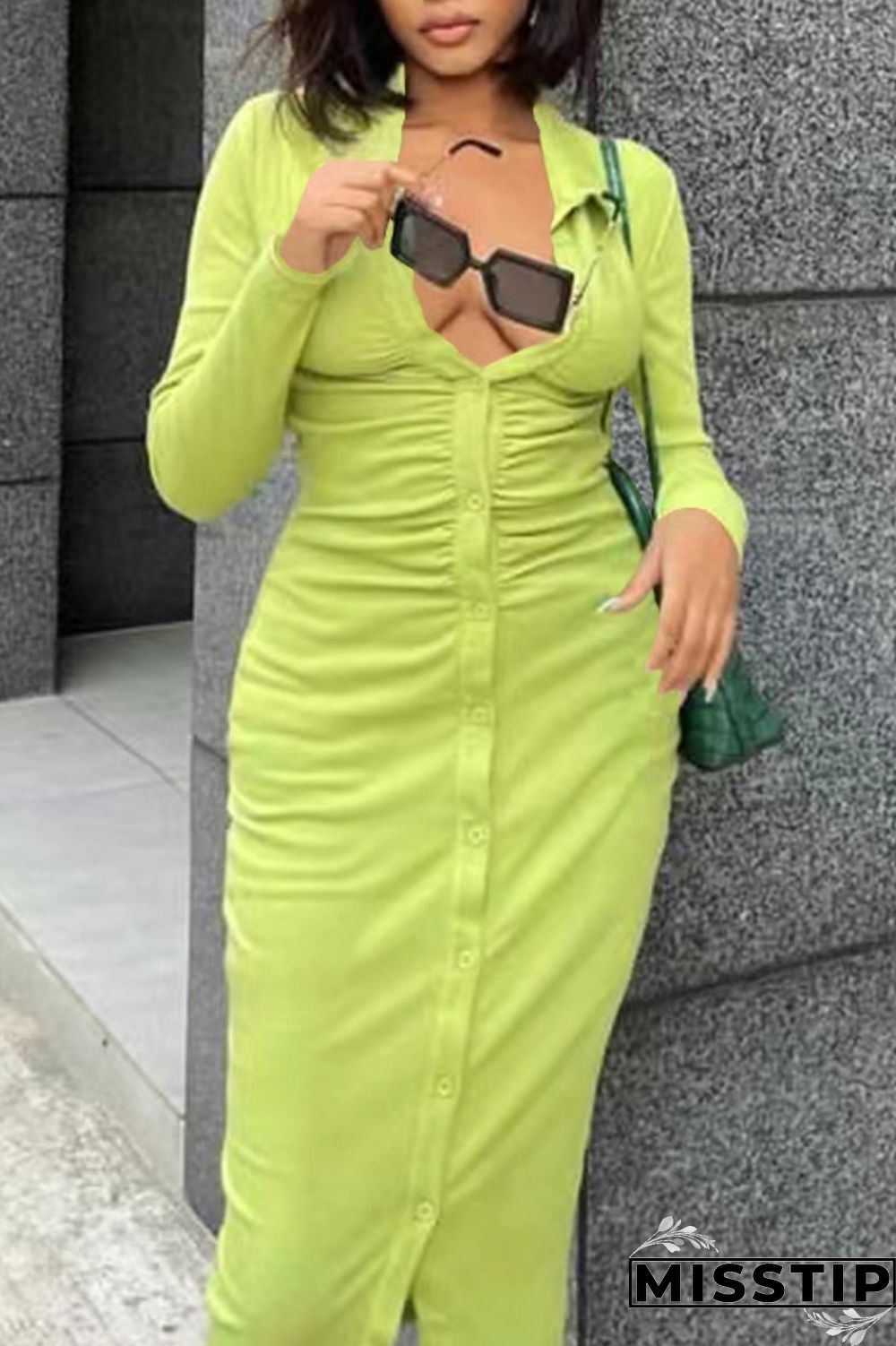 Light Green Casual Solid Fold Turndown Collar Long Sleeve Dresses