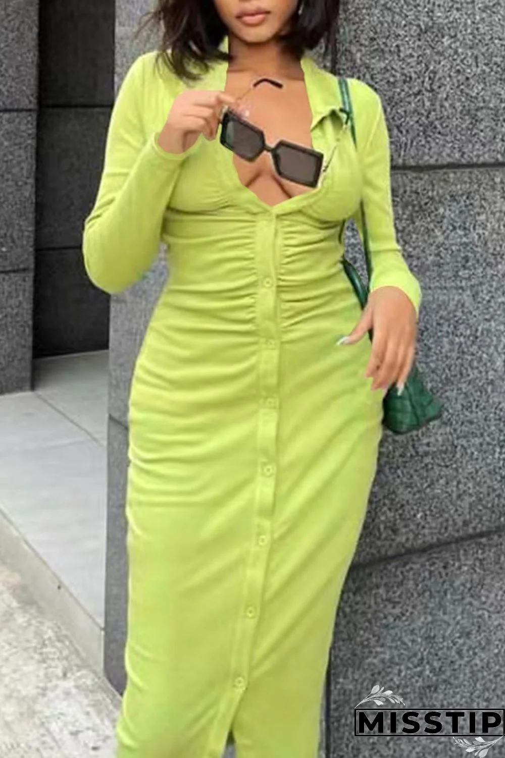 Light Green Casual Solid Fold Turndown Collar Long Sleeve Dresses