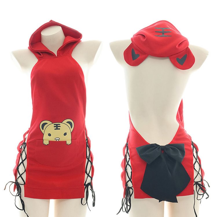 Cartoon Little Tiger Print Lace Up Hooded Lingerie Dress - Modakawa Modakawa