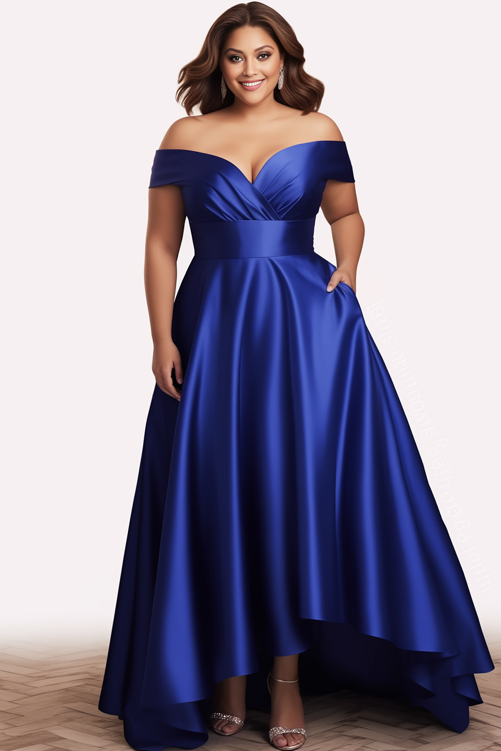 Flycurvy Plus Size Formal Royal Blue Satin Wrap Off The Shoulder Pocket Maxi Dress 2024 - Flycurvy 