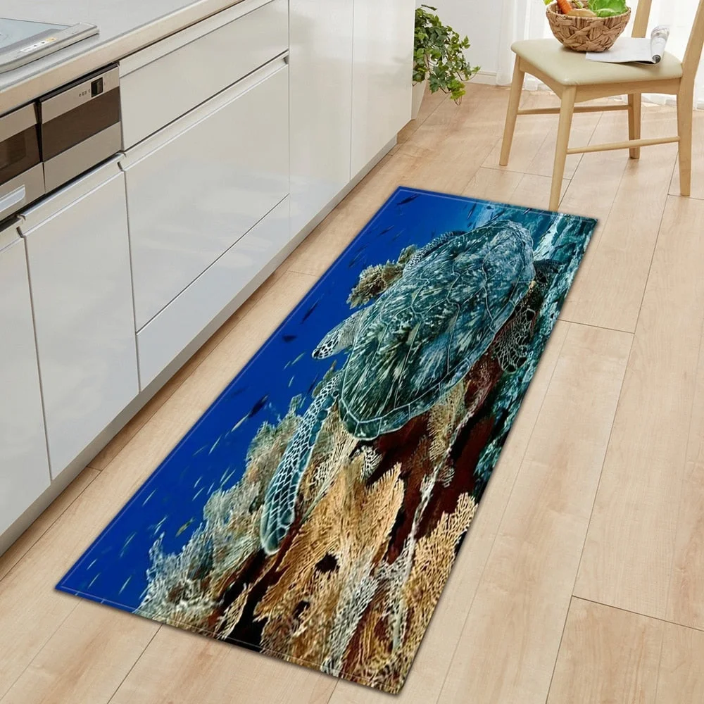 3D Underwater World Kitchen Mat  Entrance Doormat Bedroom Floor Decoration Living Room Carpet Bathroom Non-Slip Rug Long Strip