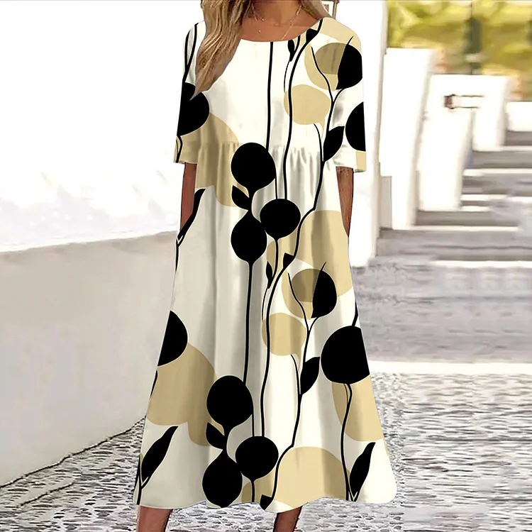 VChics Geometric Flower Print Round Neck Short Sleeve Midi Dress