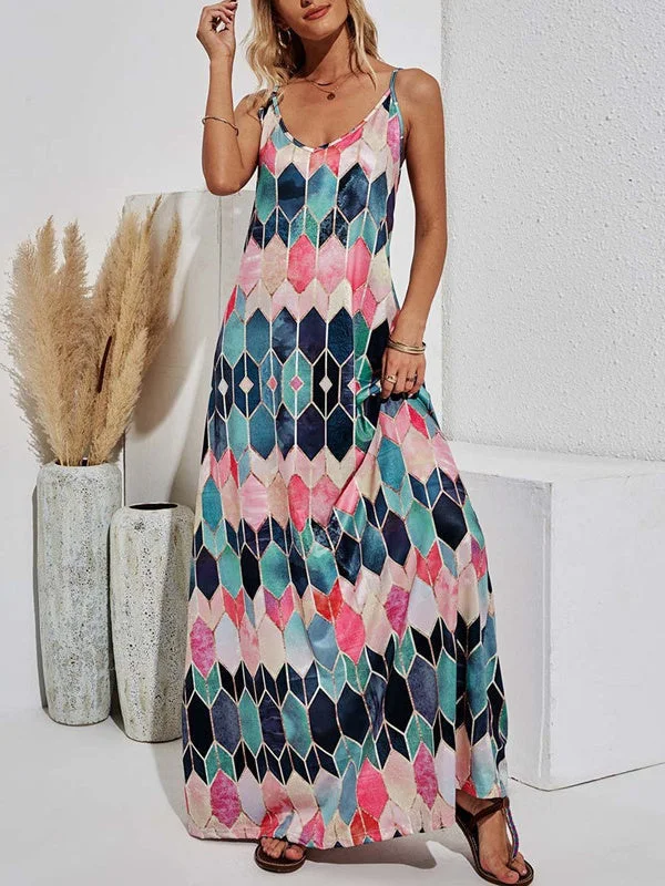 Summer casual printed suspender sexy maxi dress