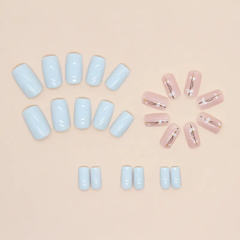 Churchf Churchf Elegant Blue Fresh Summer Nail European Square Type In The Long False Nails Lovely Flowers Wear Nail Piece