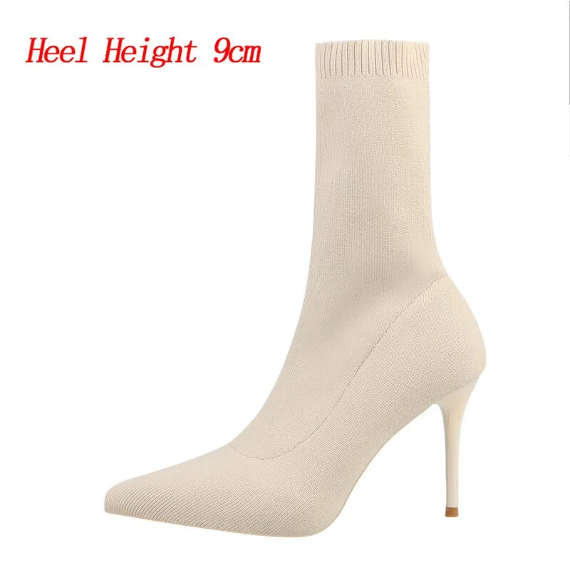 2022 Women Stretch Knitted Sock Boots 7cm 9cm High Heels White Ankle Boots Stripper Low Block Heel Lady Warm Winter Chunky Shoes