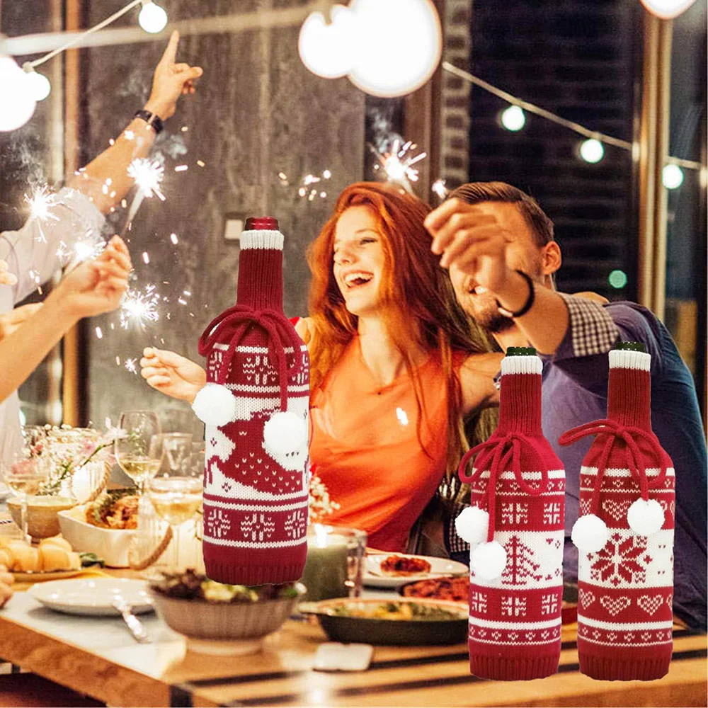 Christmas creative snowflake knitted wine bottle set decoration